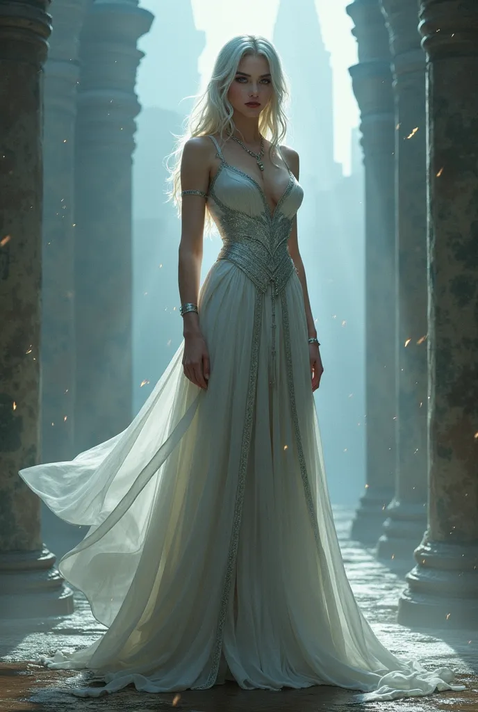 The character Ciri from The Witcher, wearing a long dress, 