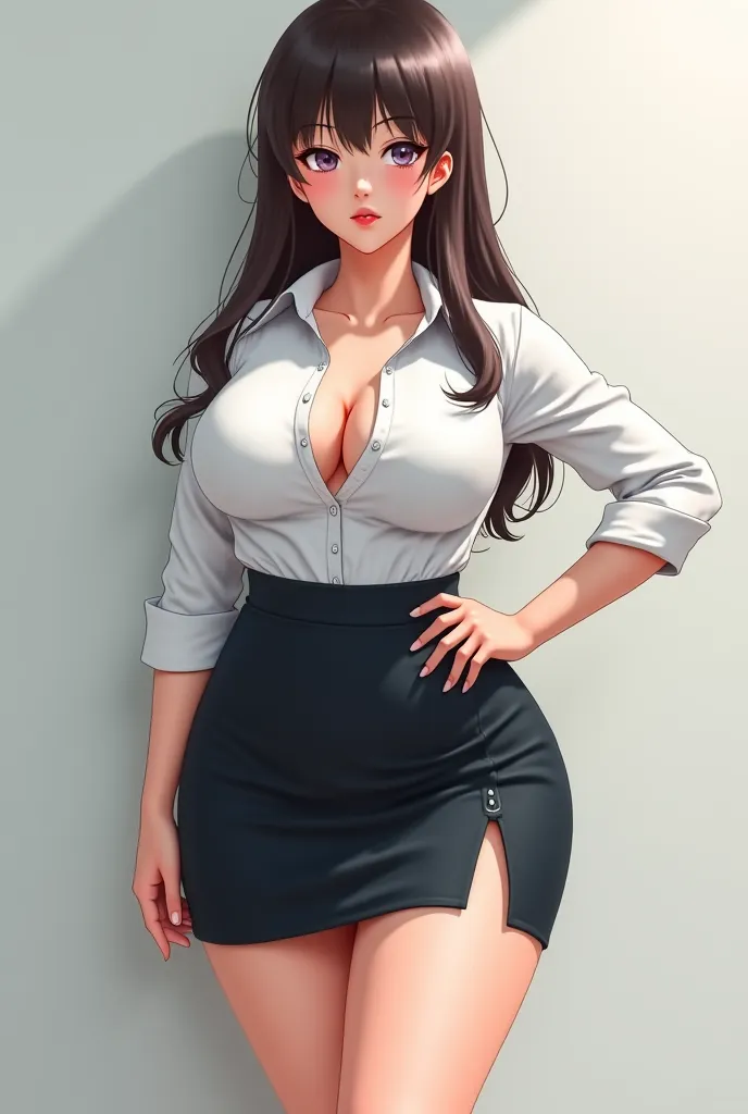 busty anime girl with big thighs , wearing office wear and her panty is showing off
