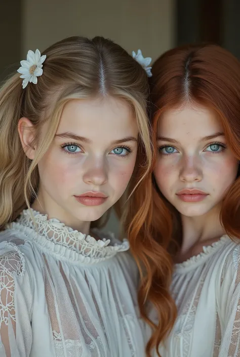 An image of beautiful Young s ôdtriplets with white skin , aquamarine eyes. That one has ash blond hair , another red hair and one has light brown hair . Let the background be in a castleLet it be a realistic photo. Beach sea long dress