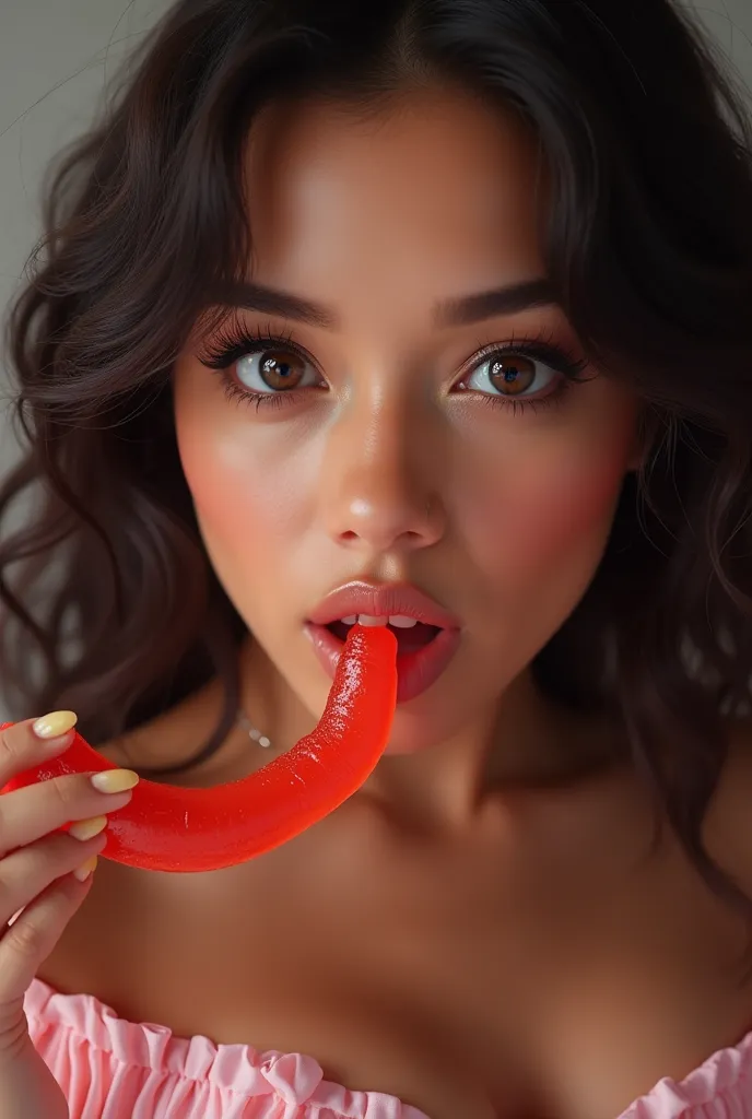 Show me a cute Latina sucking on a long gummy worm