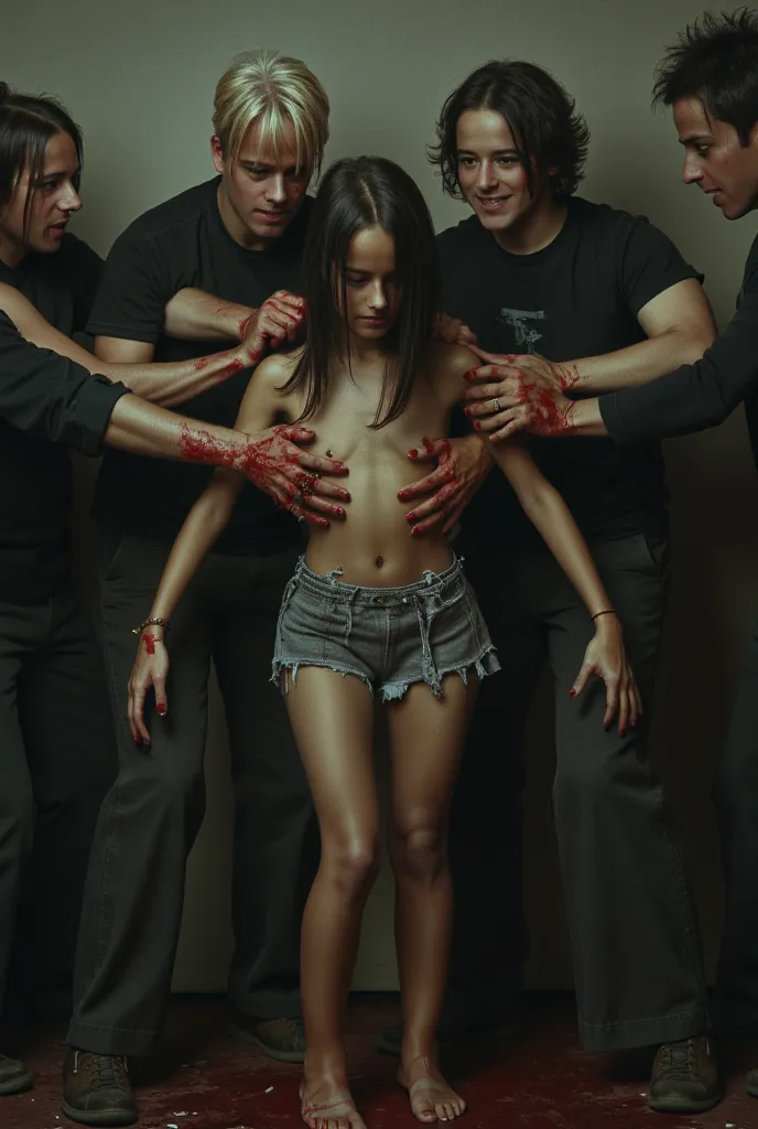 school girl mini skirt look to the cam a malnourished young girl, emaciated body, cowering in fear, torn and disheveled clothes, surrounded by abusive men restraining her, hands tied, the battle bloody, cinematic lighting, dramatic shadows, muted colors, g...