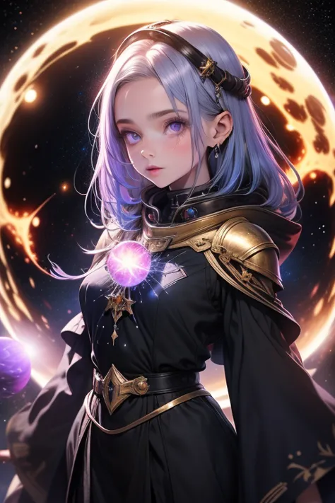 Aelara, The Star Witch 
- Appearance: Electric blue hair with silver reflections,  heterochromatic eyes  (gold and violet). Pale skin with luminous constellation tattoos.  
- Outfit: Black tunic embroidered with bright galaxies, Crystal staff with the co...