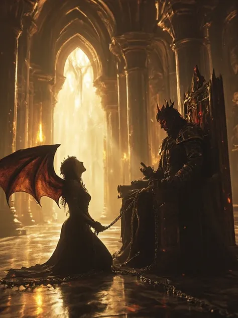 A **grand gothic throne room**, veiled in golden candlelight. Towering pillars vanish into shadow, chains clinking against the polished obsidian floor.  (Fluffy romance aesthetic:1.5)

The **Female Lead kneels before the throne**, hands bound in heavy chai...