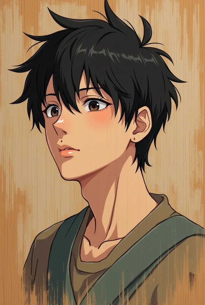 A man about 23 years old, white, Asian, eyes, eyelashes, slightly looking up, sad eyes, is an anime wooden painting.