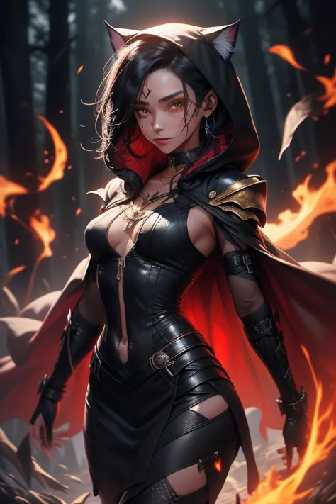 Nyxia, the Shadowhunter 
- Appearance: Jet black hair cut in layers, golden eyes with feline pupils. Luminous scar on the cheek.  
- Outfit: Tight armor of dark scales, hooded cape that melts into smoke. Twin daggers with purple runes.  
 - Details : An...