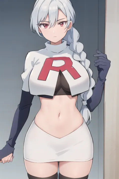 NanoEiai,1girl,solo,very long hair,grey hair,bangs,hair between eyes,red eyes,expressionless,
NanoEiaiyongyi,single braid,braided ponytail,long sidelocks,team rocket,team rocket uniform,white skirt,red letter R,crop top,black thigh-highs,black elbow gloves...