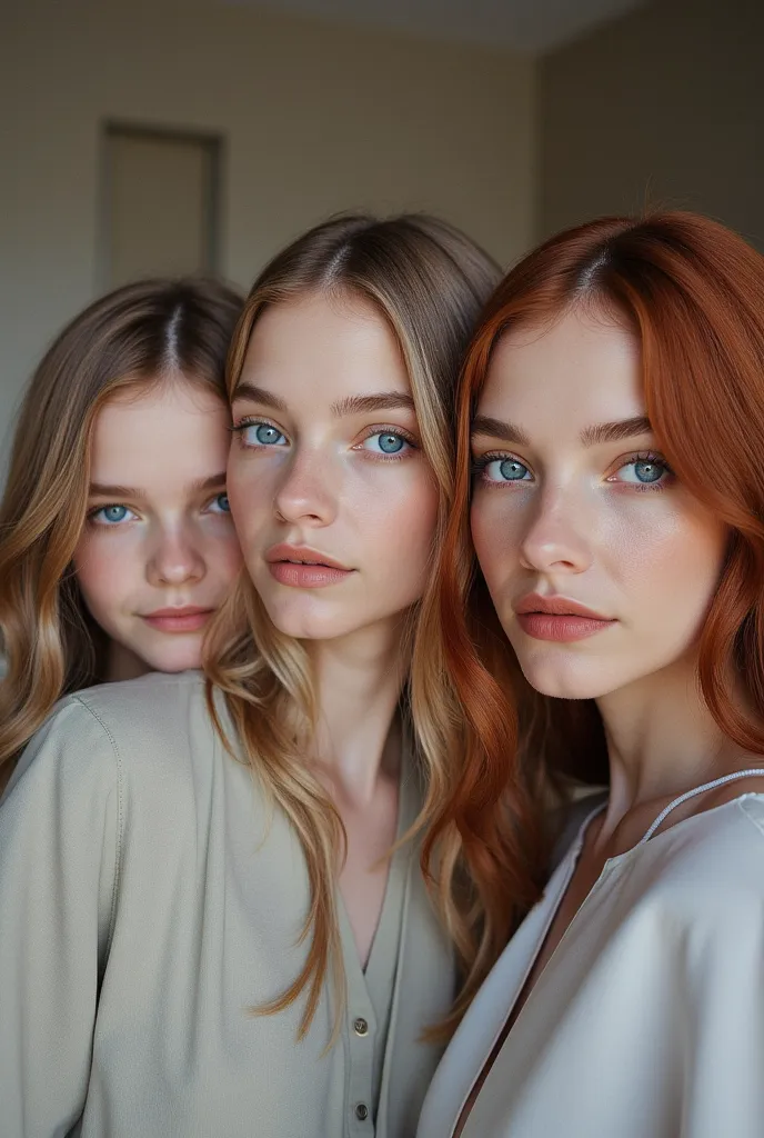  An image of beautiful Young  s ôdtriplets with white skin , aquamarine eyes.  That one has ash blond hair ,  another red hair and one has light brown hair . Let the background be in a castleLet it be a realistic photo. Beach sea long dress