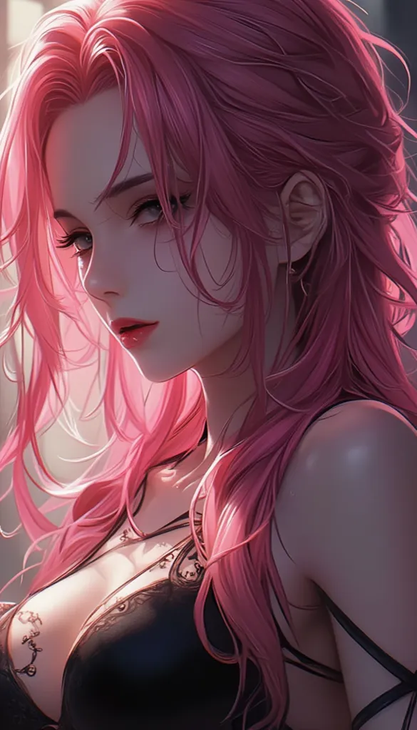 masterpiece, high score, great score, absurdres, close-up, beautiful woman, perona, one piece, pink hair, long hair, slight wavy hair, beautiful black eyes,  sexy bra, simple background, vivid colors, volumetric lighting, soft lighting, side view 