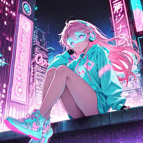 masterpiece, best quality, ultra-detailed, cyberpunk aesthetic, neon-lit cityscape, pink and black color scheme, stylish anime girl, futuristic headphones with glowing waveforms, long flowing hair with pink streaks, reflective visor with digital skull icon...