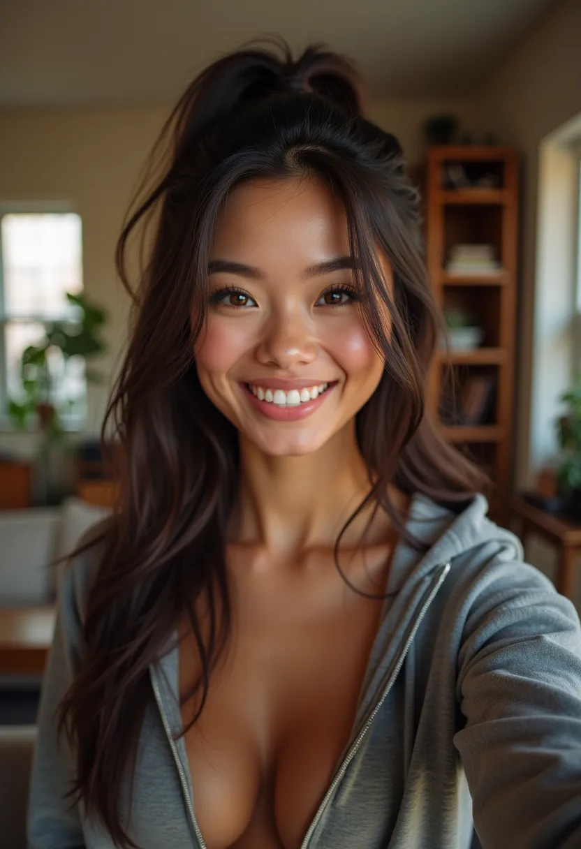 (((16k photograph))) 20-year-old brunette girl, long brunette hair, hair in a ponytail, large breasts, deep cleavage, smiling with teeth, standing in her New York apartment living room, wearing a hoodie, taking a selfie of herself, selfie, front camera sel...