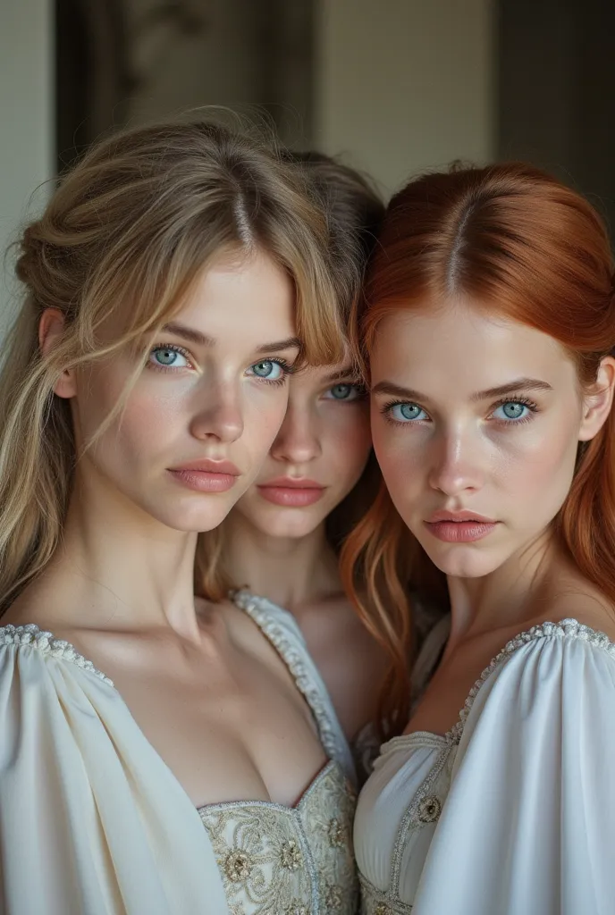  An image of beautiful Young  s ôdtriplets with white skin , aquamarine eyes.  That one has ash blond hair ,  another red hair and one has light brown hair . Let the background be in a castleLet it be a realistic photo. Beach sea long dress Young 