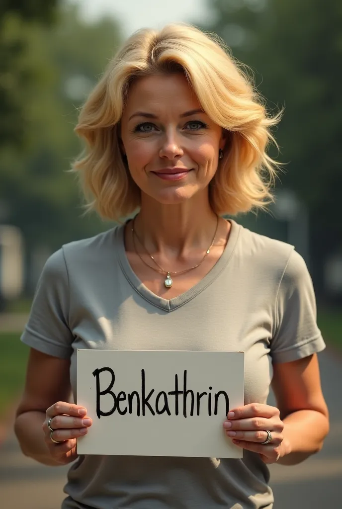 Blond woman, carley hair, 40 years old, in T-Shirt holding a sign on which it's written benkathrin