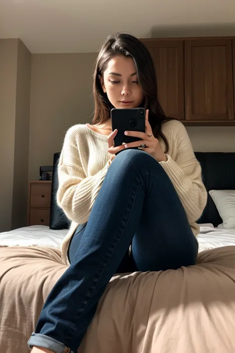 Create an image of a woman sitting on a bed, she took a photo showing only her legs, she is wearing black jeans and the image has to show a little of her wardrobe