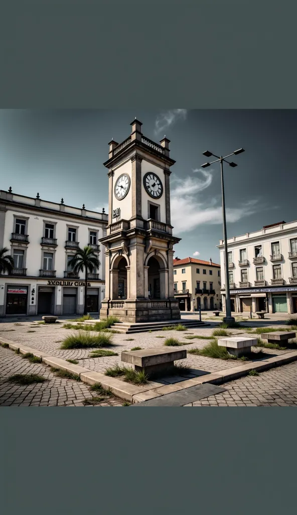 

"The iconic Ferreira Square, in Fortaleza, Now it's in ruins, overwhelmed by abandonment and time. The square's traditional clock stands, but its dial is broken and its ruins exposed, covered in rust. The Portuguese stone sidewalk is cracked, with vegeta...