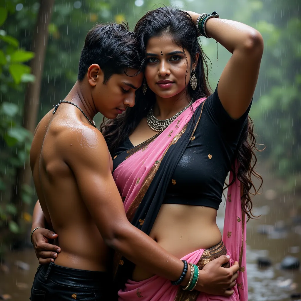 sfw(a fully wet young boy hugging waist of a 35 year old busty and voluptuous fully wet indian Women in a hot black and light pink sexy silk half saree(((large breasts ,sweat , low neck v cut blouse ,bulging breasts, cleavage, low waist sexy saree ,sexy na...