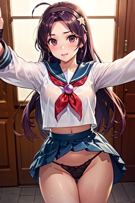 1 Female,High definition,high resolution,Ultra-realistic,8K,aa2, long hair, hairband, school uniform, serafuku, white shirt, (black lace panties), ahoge, parted bangs, pleated skirt, midriff, long sleeves, sailor collar,fingerless gloves,black thong,Europe...