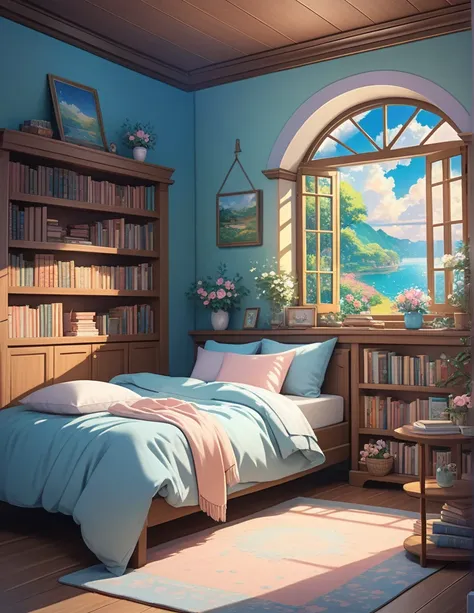 there is a bed in a room with a lot of natural lighting with blue and pastel colours, magical realism style, relaxing concept art,background art, cosy enchanted scene, relaxing environment, magical atmosphere, cozy place, dreamy and detailed, anime backgro...