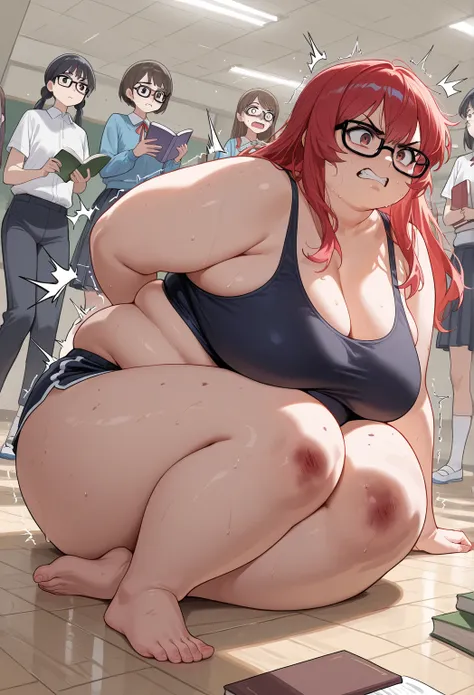 () a student sitting with her legs forward, bare feet humiliated on the floor of elementary school a girl with wide hips, fat, fat, BBW-chan, fat, fat, fat, obese, big redhead with glasses, nerd; seen from afar, full body, scared, being intimidated, being ...