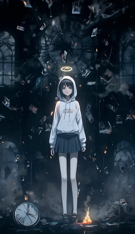 The image depicts a dark and melancholic scene with a 2.5D anime aesthetic. At the center, an emo girl wearing a white hoodie and a dark skirt has a sorrowful expression, with a glowing halo above her head. Behind her, a large broken clock, spectral shadow...