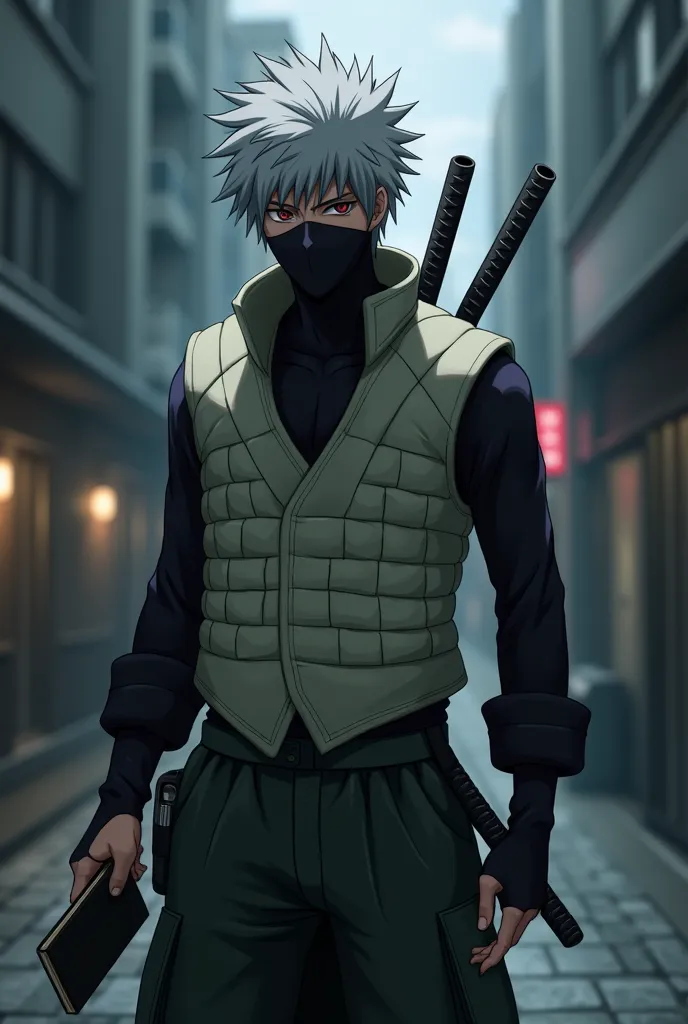 Hatake kakashi wears the anbu uniform black shirt and white vest a katana on his back, holding the death note from the death note verse 