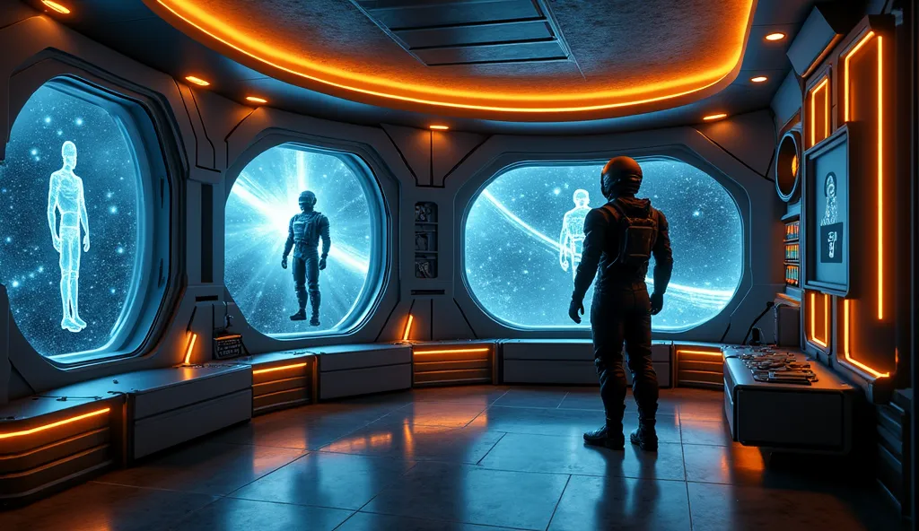 Create a detailed, 8K quality cinematic image rendered in the style of Unreal Engine 5, depicting the main character attempting to contact someone in a high-tech communication room within the space station. The room is metallic black equipped with advanced...