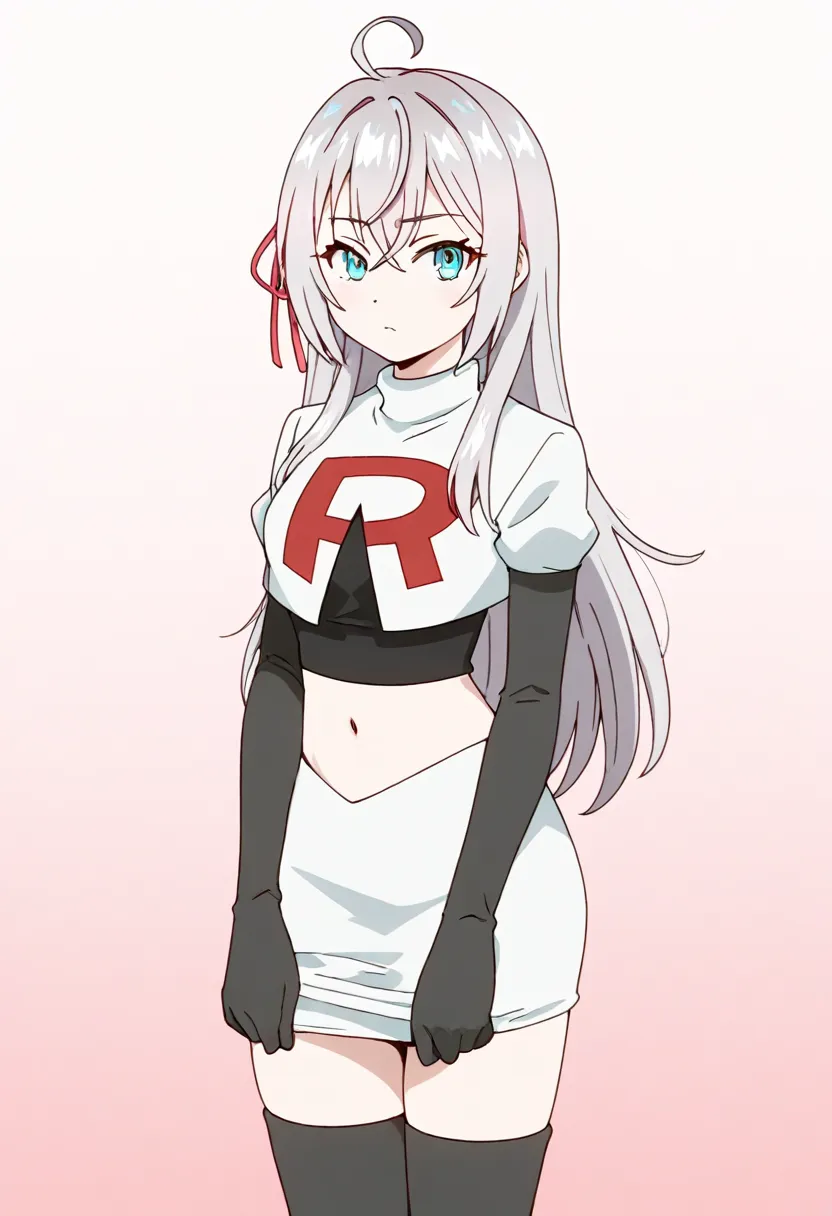 masterpiece, best quality, amazing quality,
1girl, solo, looking at viewer, gradient background, 
long hair, silver hair, ahoge, crossed bangs, red hair ribbon, sidelocks, blue eyes,
team rocket,team rocket uniform,white skirt,red letter R,crop top,black t...