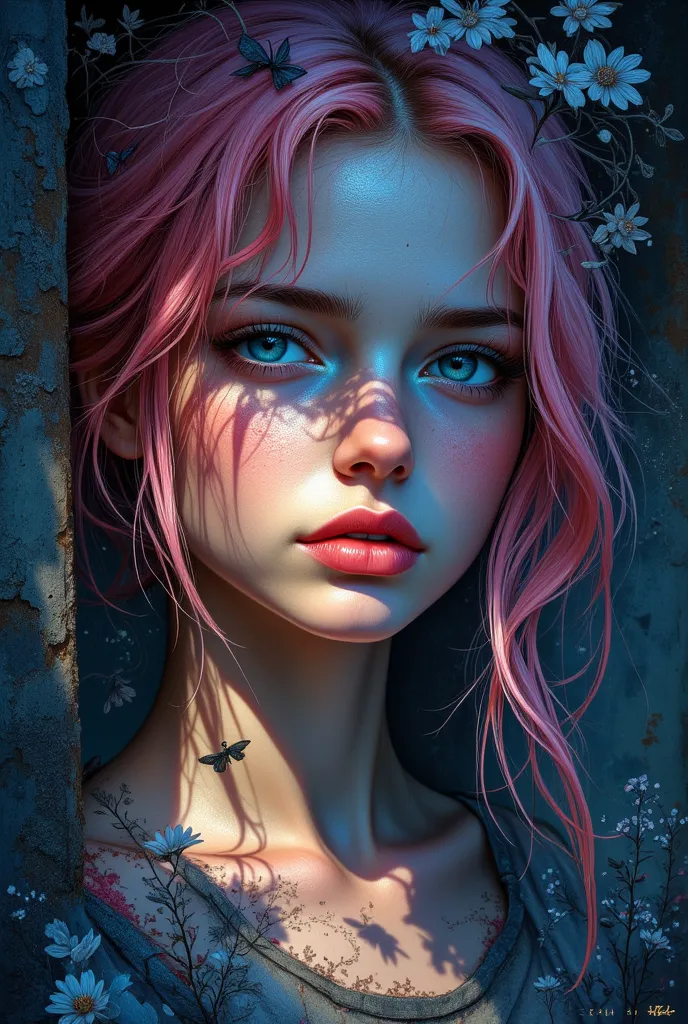 The interaction of light constructs complex representations of hidden personalities、creates a work that shakes the heart. (,girl with pink hair、Blue eyes with both eyes 、a girl standing nervously under a street lamp, side where he holds a book strongly in ...