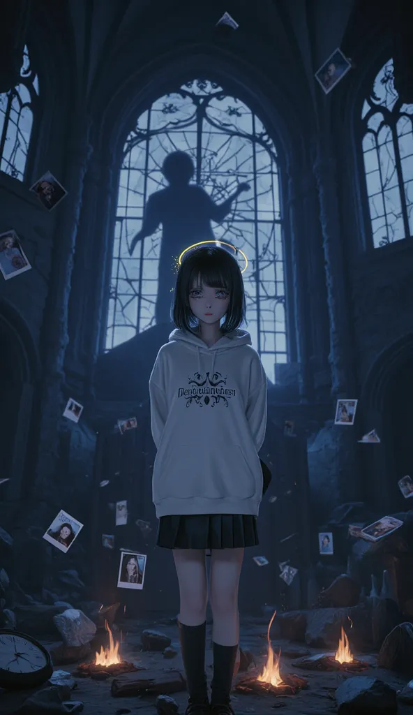 The image depicts a dark and melancholic scene with a 2.5D anime aesthetic. At the center, an emo girl wearing a white hoodie and a dark skirt has a sorrowful expression, with a glowing halo above her head. Behind her, a large broken clock, spectral shadow...