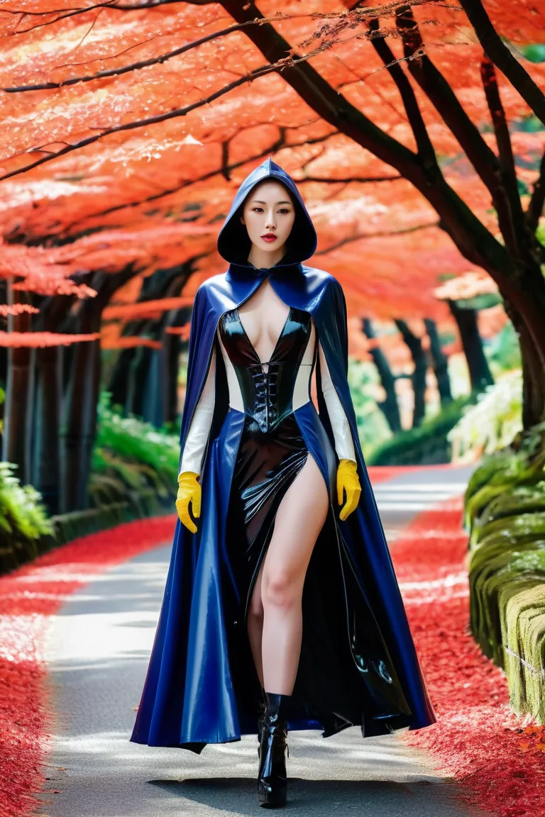 japan women hood up latex coat with long sleeve cape and latex long wide Skater skirt very higth latex heel and latex gloves with equipped hidden blade in medieval japan Arashiyama in summer, and walk ,4K sophisticated and highly detailed, ultra hd, realis...