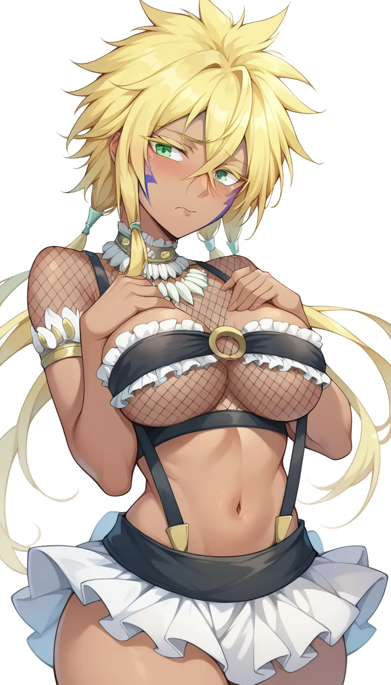 tier harribel, dark skin, yellow hair, facial mark, green eyes, colored eyelashes, large breasts, posing embarrassed, Embarrassed,  fishnet top, bandeau, frilly skirt, suspenders, necklace