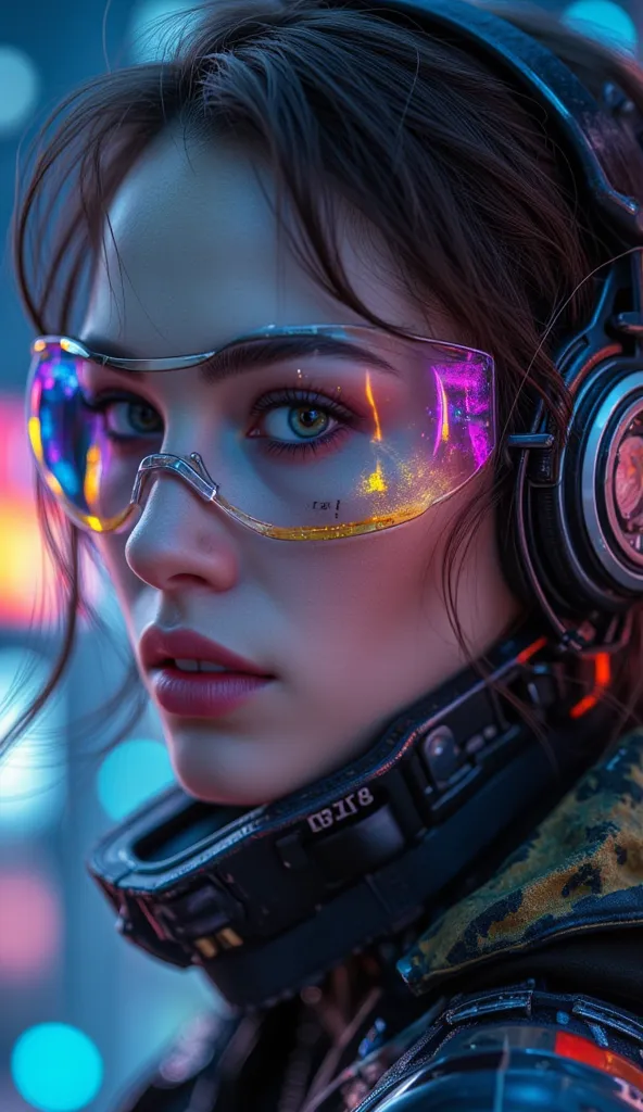 A close-up portrait of a futuristic character with neon reflections . The scene is highly detailed and realistic, capturing the essence of futuristic aesthetics, with intricate elements like atmospheric lights.