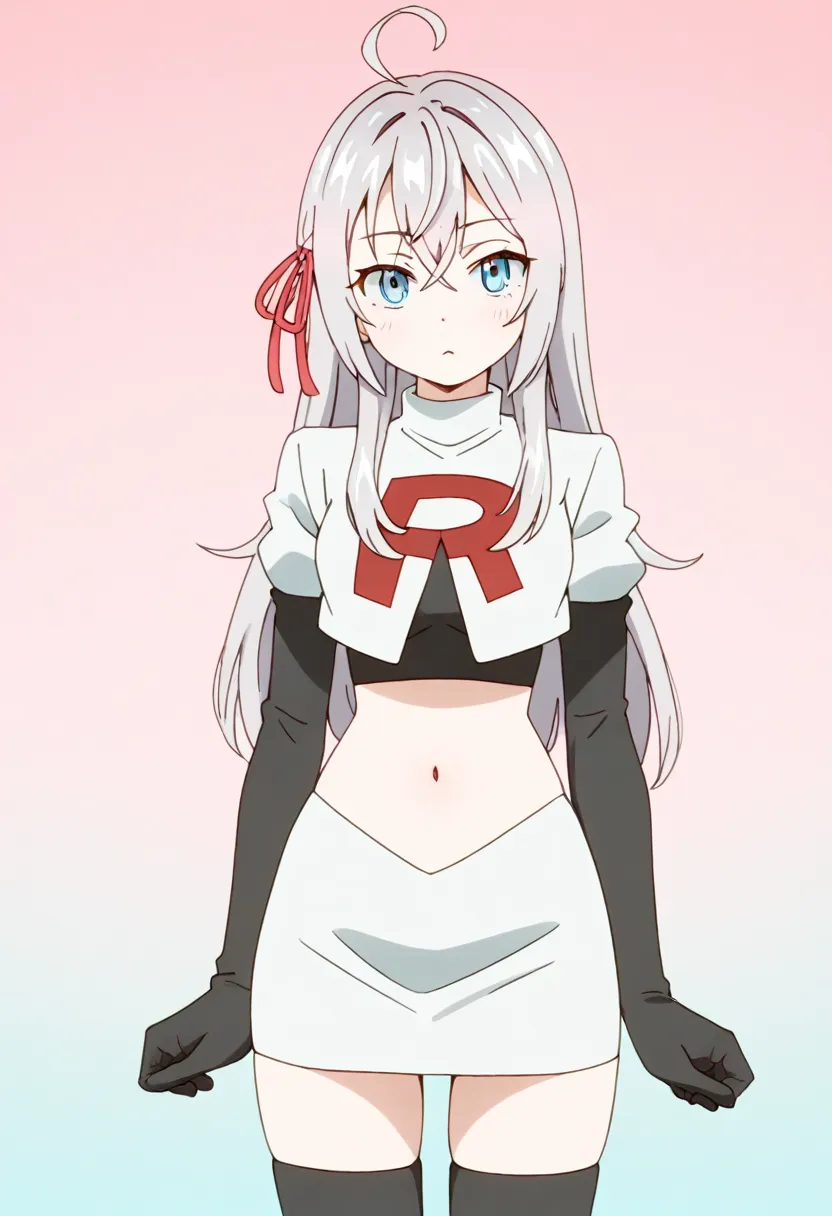 masterpiece, best quality, amazing quality,
1girl, solo, looking at viewer, gradient background, 
long hair, silver hair, ahoge, crossed bangs, red hair ribbon, sidelocks, blue eyes,
team rocket,team rocket uniform,white skirt,red letter R,crop top,black t...