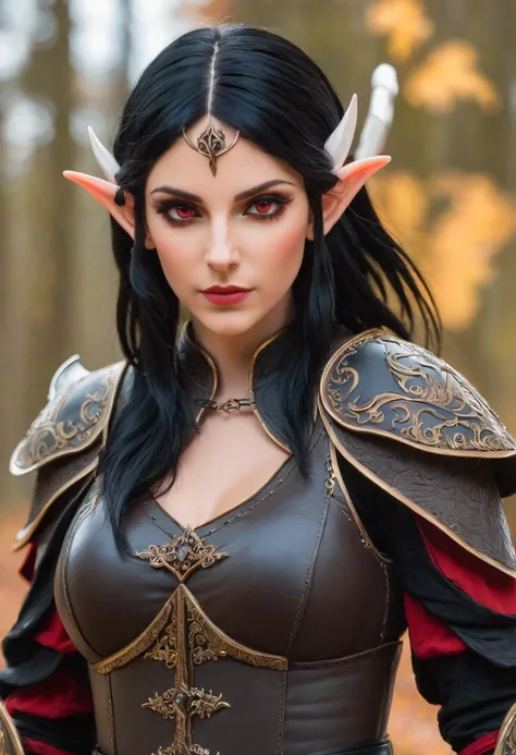 White girl, 30 years old, fantasy, leather armour, elf ears, red eyes, black hair