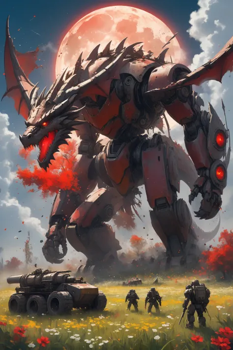 score_9, score_8_up, score_7_up, 
dragon mech, massive cannon attack, tattered painting, in a field of glowing flowers under a blood-red moon