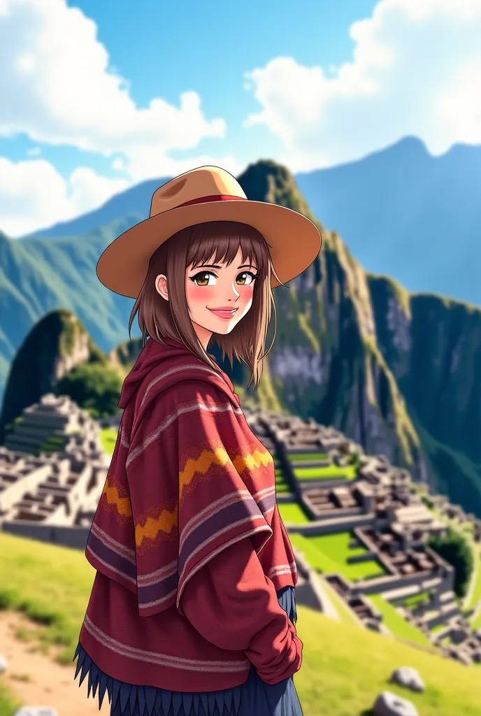 An anime-style illustration of a woman posing with a smile in front of Machu Picchu. You must respect the composition and details of the character in the image as much as possible Reference.  has light brown hair , wear a poncho with Andean patterns and a ...