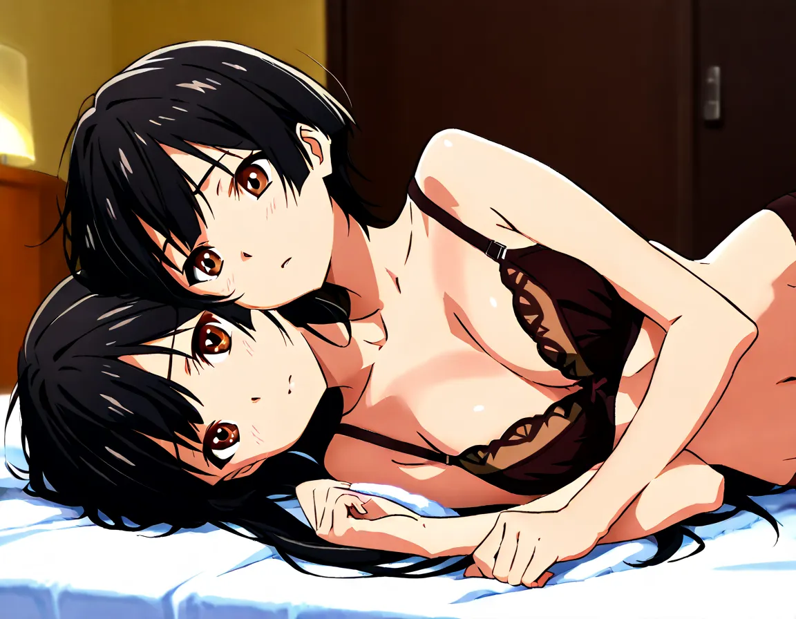 Anime woman with two heads,  black hair, long hair on the left、Short hair on the right head, brown eyes,  in underwear、bra、medium breasts、Early Afternoon、lying down and facing this、Each head has a different expression