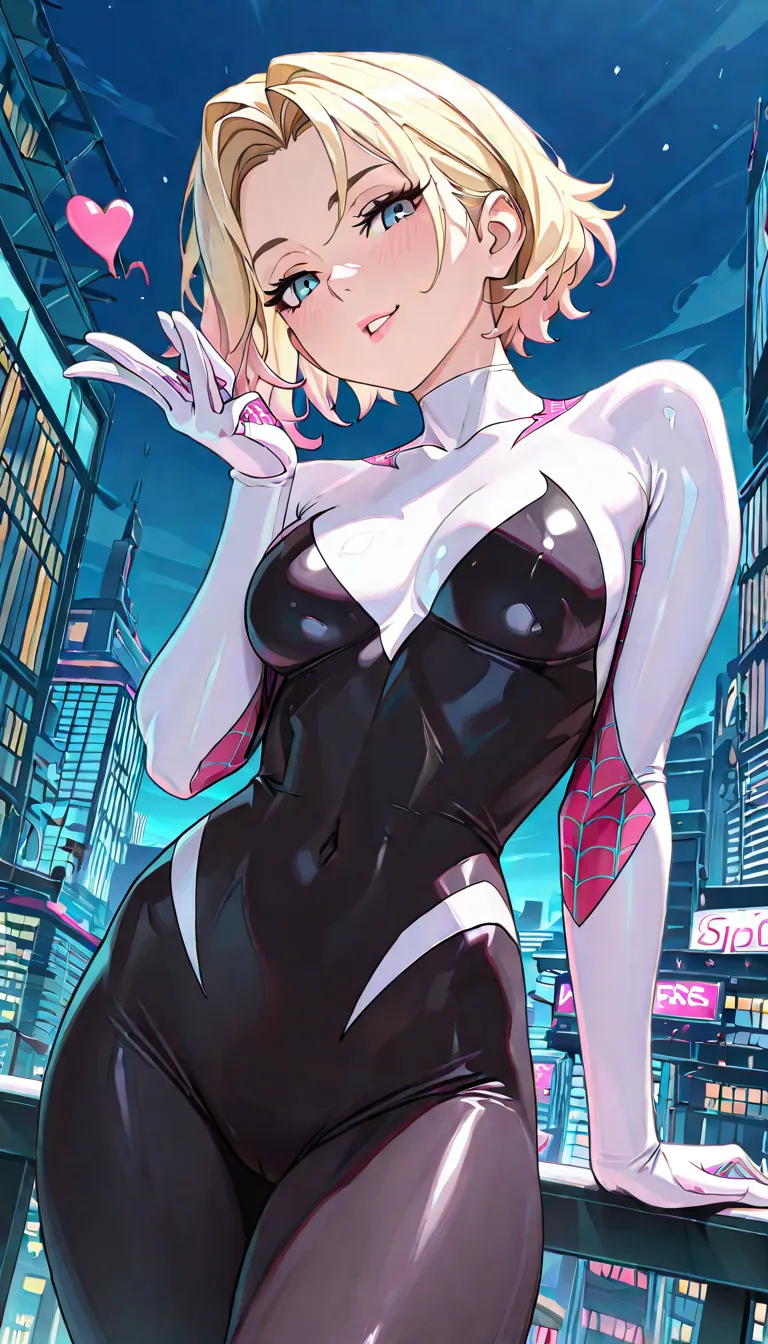 masterpiece, absurdres, amazing quality, best quality, 1girl, Spider Gwen, ((Spider Gwen)), short blonde hair, blue eyes, average breasts, slender, high quality, very aesthetic, solo, park ((Spiderverse)), faling, smirking, blowing kiss