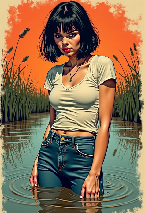 vintage line graphics,stuck in a muddy swamp,mature vicious diva,jeans,bob cut, turns around,orgasm