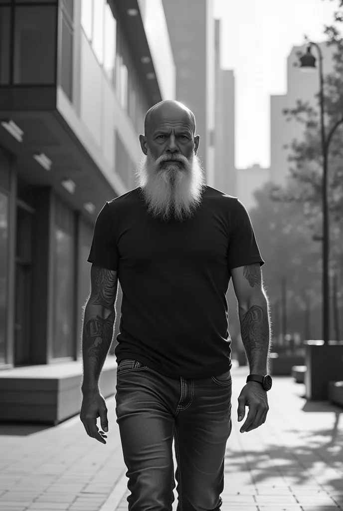 Black& white, Complete, 54 year-old badass man, complete bald, long white well-groomed beard, jeans and T-shirt, walk in front of the Deutsche Bank Park, sunshine