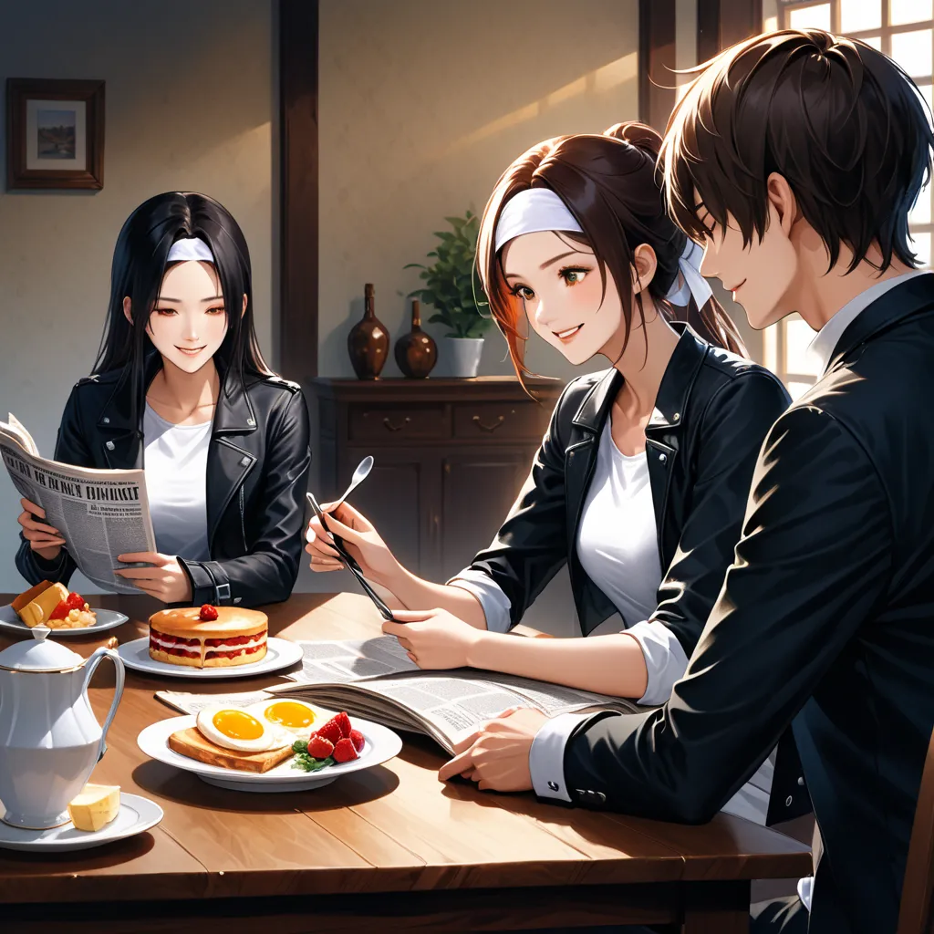 This is a charming scene of a happy family morning, everyone happily enjoying breakfast. The father is reading the newspaper while the mother is in the kitchen preparing something delicious. Dressed in ((black jacket with rolled arms), open jacket, black f...