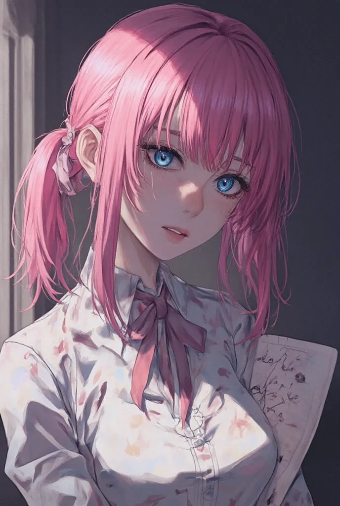 The mysterious transfer student、,girl with pink hair、her eyes are blue, she is writing strange letters in his notebook, Looking down from above over her shoulder,masterpiece、best quality