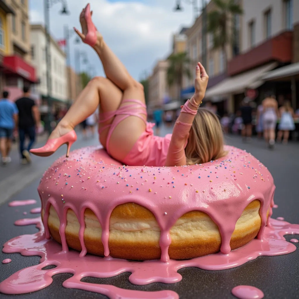 Women covered in slime!!,laying on a donut,birthday cake,cityscape, high res photograph,covered with pink marzipan, bluray image, header,juicy meat!, h 1 0 9 5 ,looking from side and bottom!, platform heels, flith, degrade technique!,