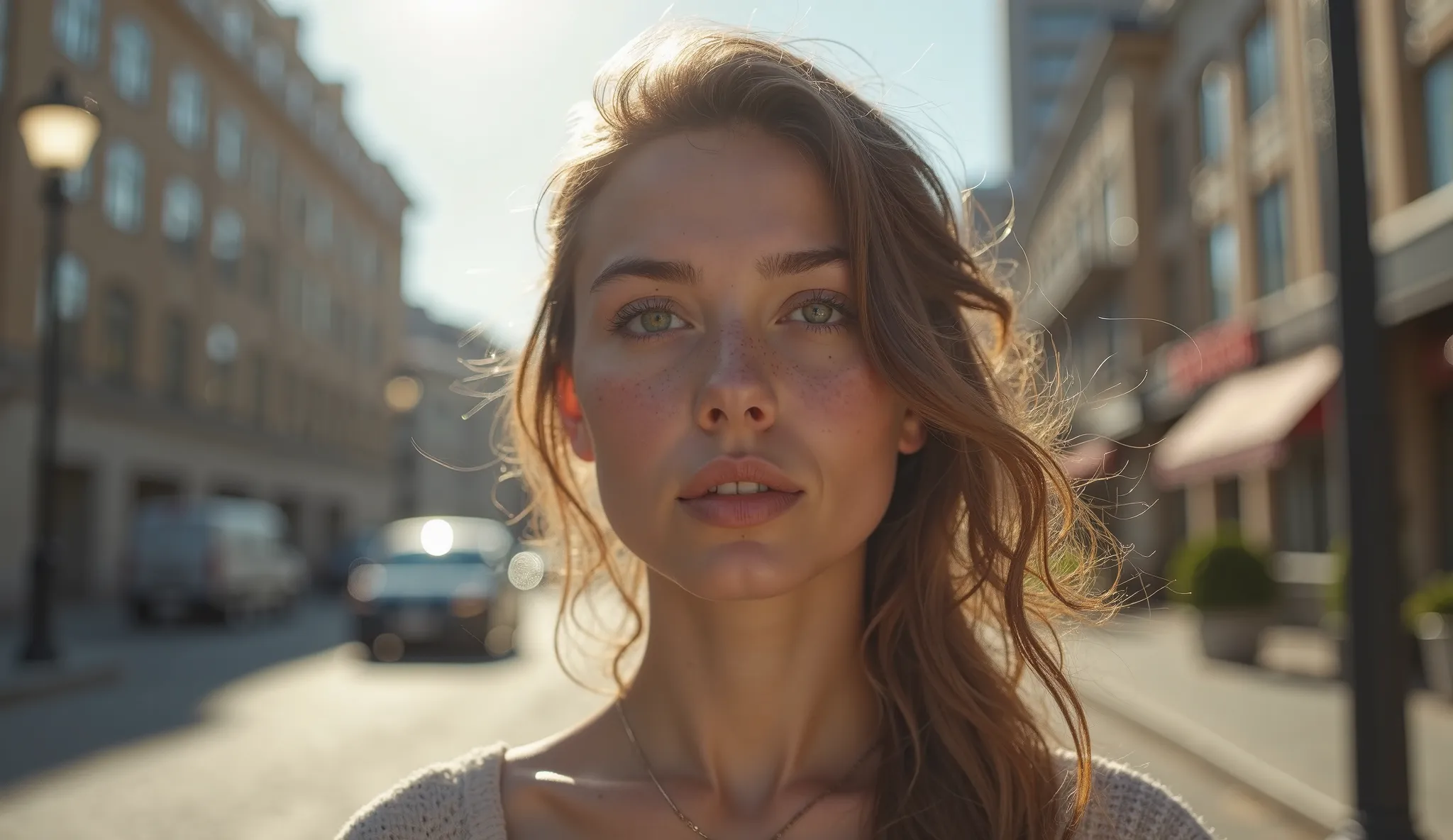 A hyper-realistic, ultra-detailed mid-shot portrait of a young woman standing alone in an urban outdoor setting, perfectly centered. Her face is softly lit by natural sunlight, revealing visible skin pores, subtle imperfections, and fine textures. She has ...