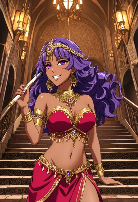 score_7_up, anime screencap,
1girl, crazy smile, grin, teeth,
dark skin, long hair, purple hair, swept bangs, drill hair, purple eyes, lipstick, pink lips,
IshtarDM, arabian clothes, revealing clothes, harem outfit, red dress, medium breasts, neck ring, ne...