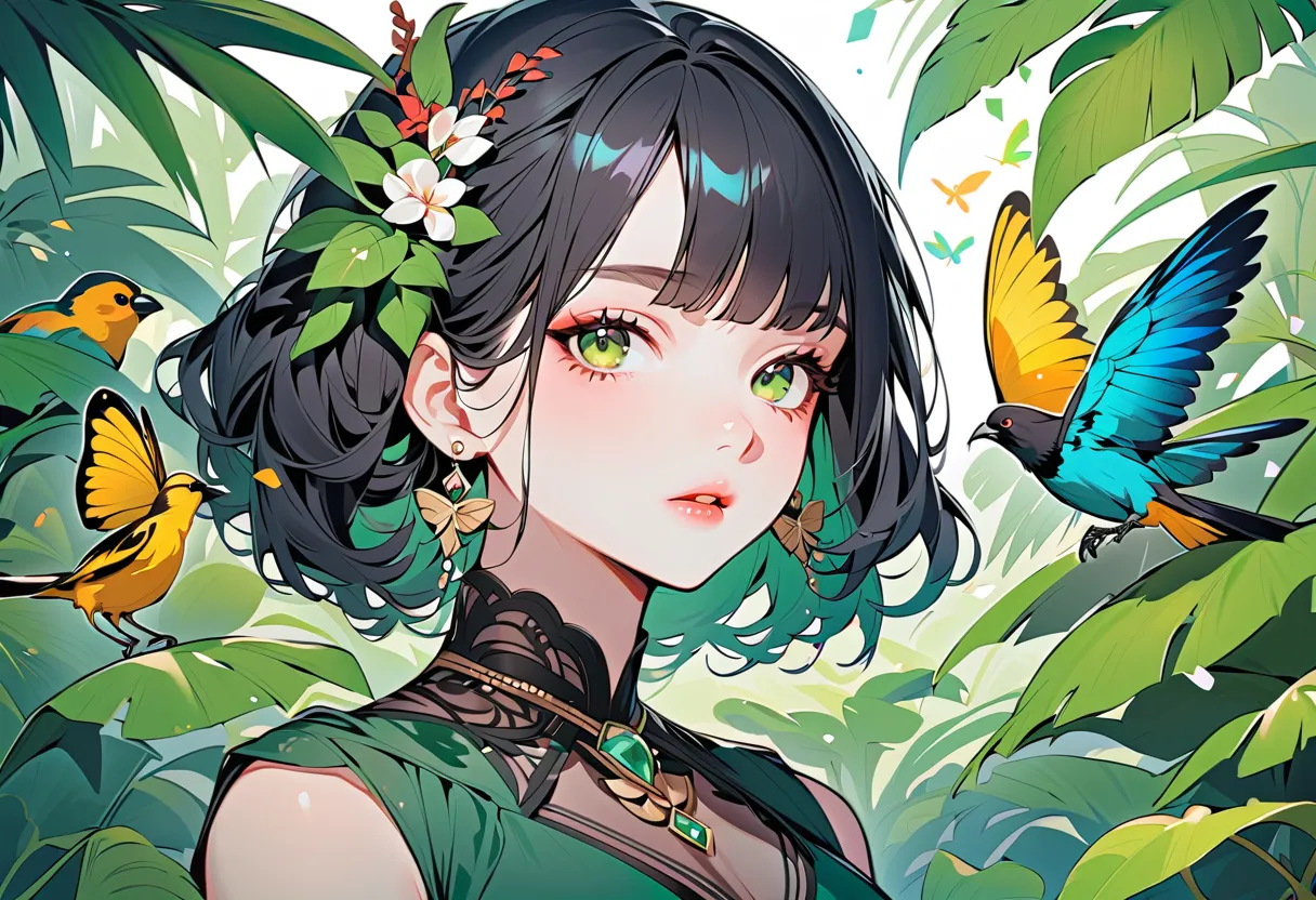 girl in green dress surrounded by tropical birds in green leafy plants, 1girl, solo, green eyes, black hair, looking at viewer, breasts, jewelry, bug, dress, butterfly, hair ornament, brooch, earrings, upper body, black dress, bangs