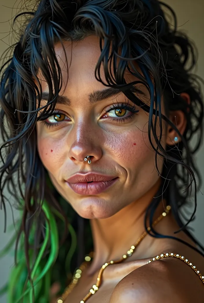 Close-up portrait of Cecilia No Rules smirking with her head slightly tilted, the smile is suggestive but clear, she is smiling naturally. Long messy hair, with neon green highlights, confident look. Dim tungsten light, soft reflections on her skin. Editor...