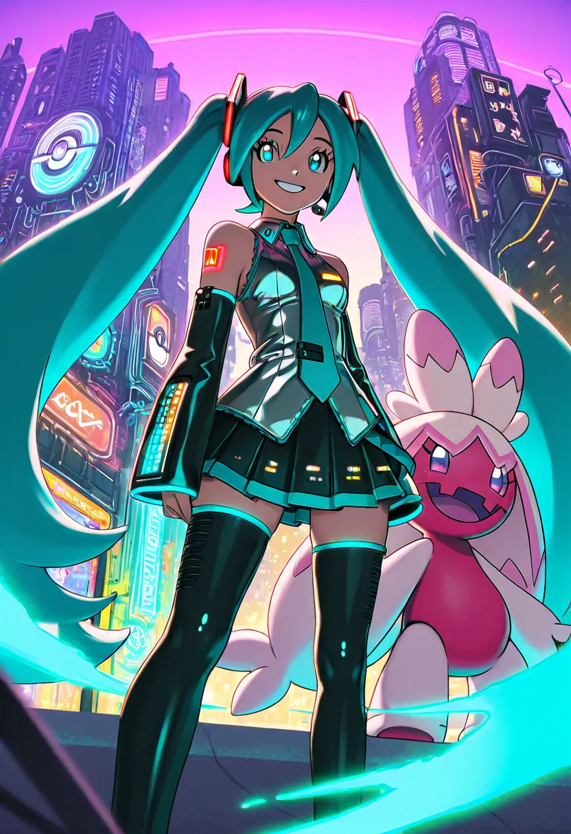 Hatsune Miku, the turquoise-twintailed virtual diva, dressed in a bold, futuristic trainer outfit, complete with a sleek, high-tech Pokédex on her arm, standing confidently alongside her trusty Pokémon partner, Tinkaton, a rugged, industrial-looking Fairy/...