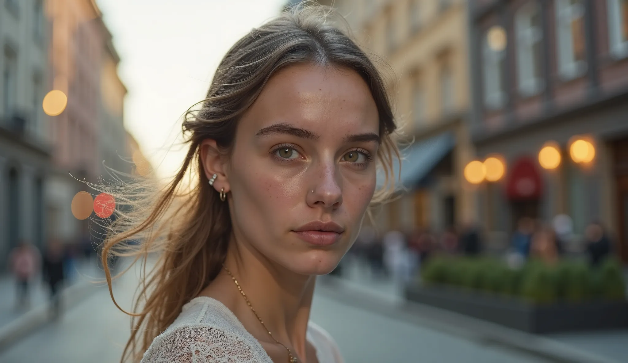 A hyper-realistic, ultra-detailed mid-shot portrait of a young woman standing alone in an urban outdoor setting, perfectly centered. Her face is softly lit by natural sunlight, revealing visible skin pores, subtle imperfections, and fine textures. She has ...