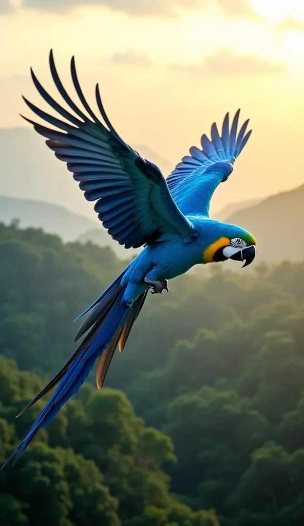 *"A stunning and highly detailed depiction of a **majestic blue macaw (arara-azul) soaring through the sky**, its vibrant blue feathers shimmering under the warm golden sunlight. Its powerful wings are fully extended, showcasing intricate feather details, ...