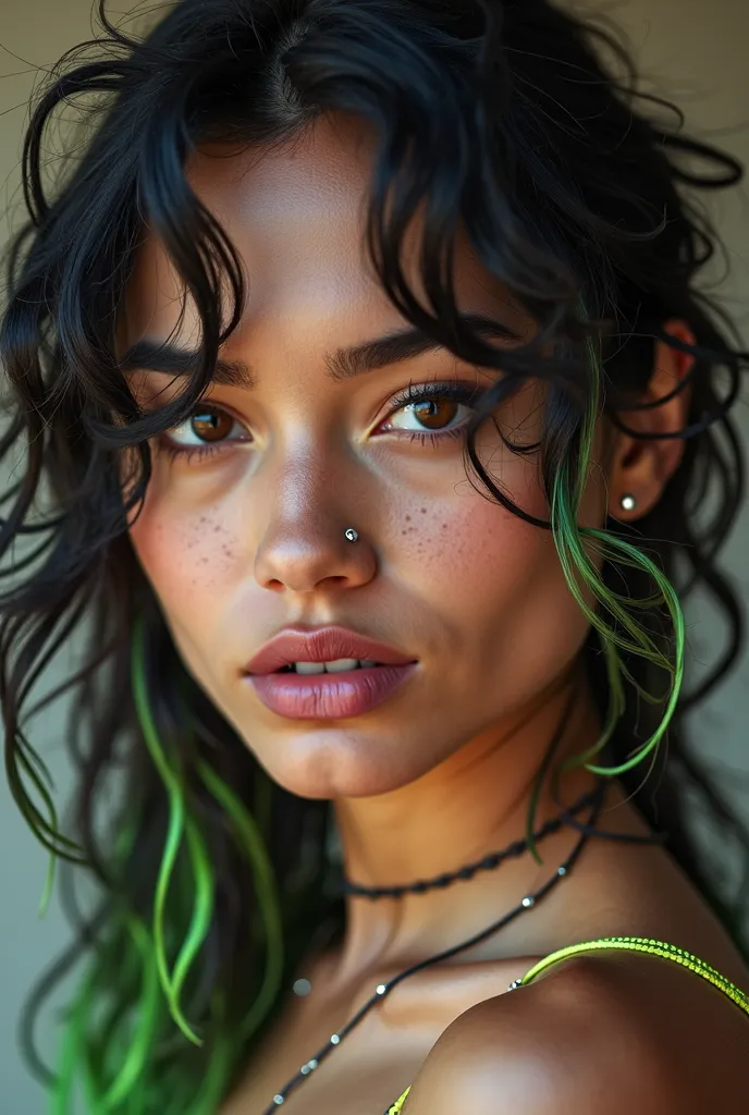 Close-up portrait of Cecilia No Rules smirking with her head slightly tilted, the smile is suggestive but clear, she is smiling naturally. Long messy hair, with neon green highlights, confident look. Dim tungsten light, soft reflections on her skin. Editor...